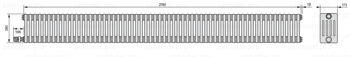 Схема (чертеж) Радиатор Zehnder Charleston 5026/60 №V003 Белый глянцевый RAL 9016